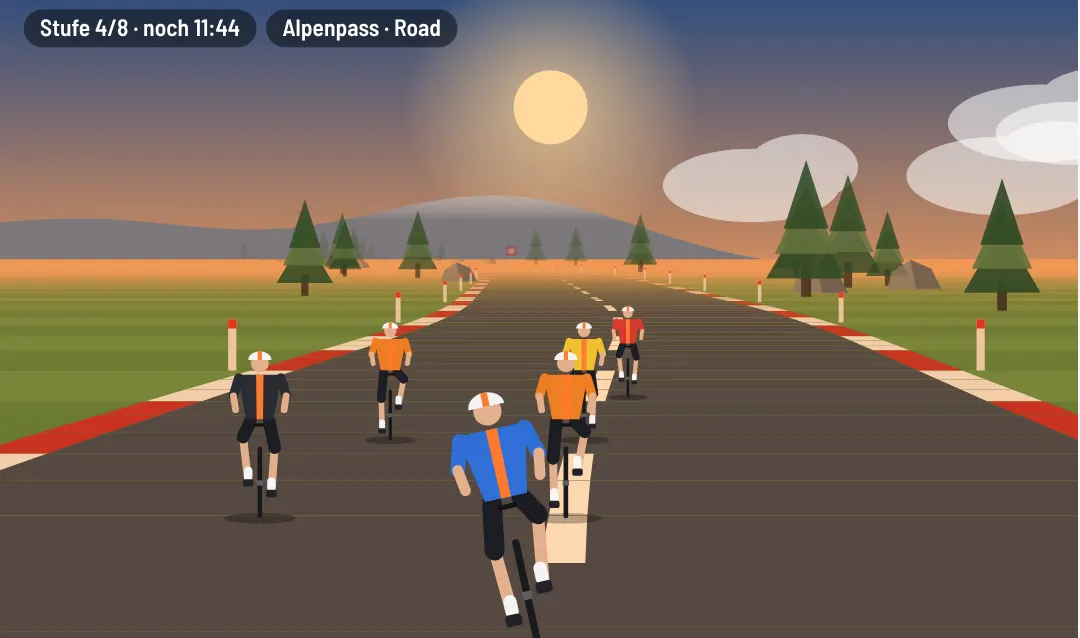 Standbild der Fahrt-Szene: ein Radfahrer mit Mitfahrern auf einer Landstraße im Schwellenintervall, darunter Watt, Ziel, Kadenz, Puls und das Profil des Workouts.